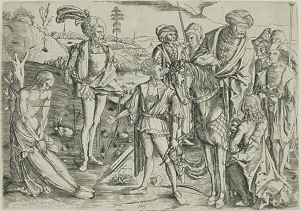 The King's Sons Shooting Their Father's Corpse, c. 1500, printed. Creator: Master MZ