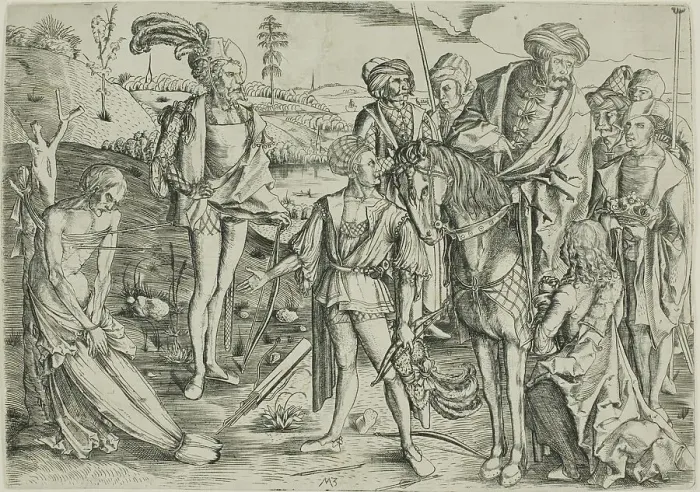Framed Print : The King's Sons Shooting Their Father's Corpse, c. 1500, printed. Creator: Master MZ Framed Print : The King's Sons Shooting Their Father's Corpse, c. 1500, printed. Creator: Master MZ