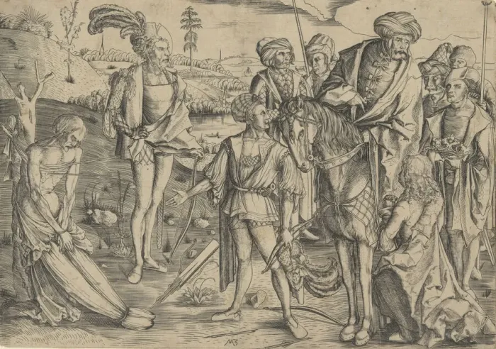 Framed Print : The Kings Sons Shooting Their Fathers Corpse, ca. 1500. Creator: Matthaus Zasinger