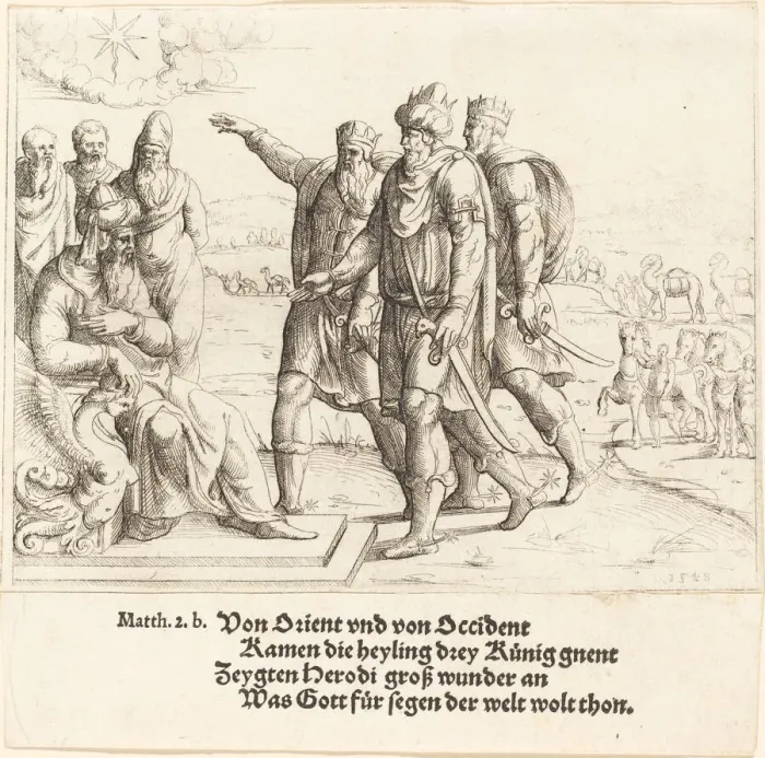 Framed Print : The Three Kings Tell Herod of Christs Birth, 1549. Creator: Augustin Hirschvogel Framed Print : The Three Kings Tell Herod of Christs Birth, 1549. Creator: Augustin Hirschvogel
