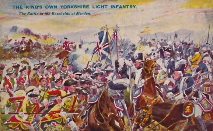 Framed Print : The Kings Own Yorkshire Light Infantry. The Battle in the Rosefields at Minden, 1759, (1939) Framed Print : The Kings Own Yorkshire Light Infantry. The Battle in the Rosefields at Minden, 1759, (1939)