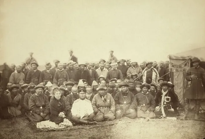 Framed Print : Kirghiz (ie Kazakh) tribesmen with a local Russian Governor and his wife, between 1885 and 1886. Creator: Unknown Framed Print : Kirghiz (ie Kazakh) tribesmen with a local Russian Governor and his wife, between 1885 and 1886. Creator: Unknown