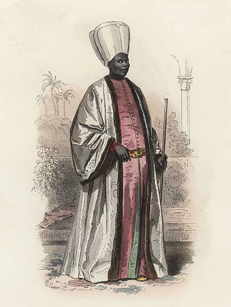 Kislaw Agazzi I, African king in the modern age, color engraving 1870