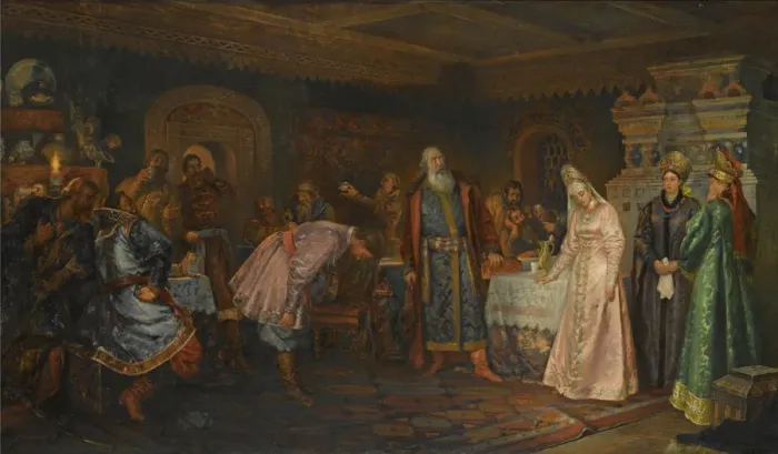 Framed Print : The Kiss Ceremony. Boyar Morozov, his Wife Yelena and Prince Serebrenni. Artist: Buchholz, Fyodor Fyodorovich (1857-1942) Framed Print : The Kiss Ceremony. Boyar Morozov, his Wife Yelena and Prince Serebrenni. Artist: Buchholz, Fyodor Fyodorovich (1857-1942)