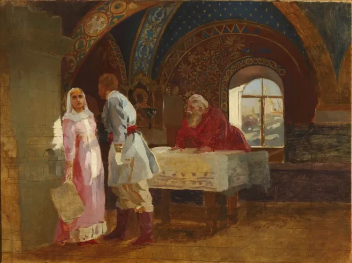 Framed Print : The Kiss Ceremony. Boyar Morozov, his Wife Yelena and Prince Serebrenni, 1882 Framed Print : The Kiss Ceremony. Boyar Morozov, his Wife Yelena and Prince Serebrenni, 1882