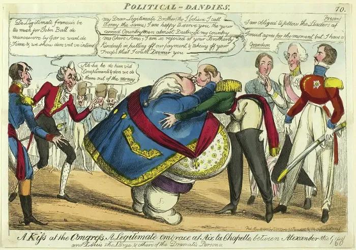 Framed Print : A Kiss at the Congress, published November 18, 1818. Creator: William Heath Framed Print : A Kiss at the Congress, published November 18, 1818. Creator: William Heath