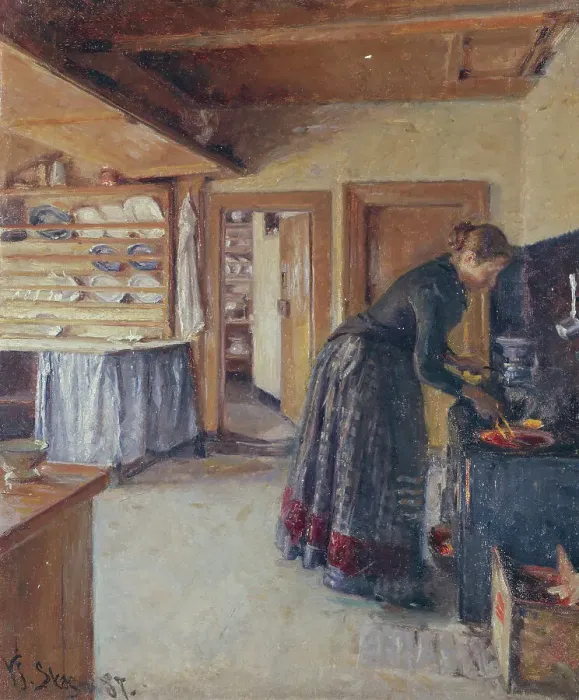 Framed Print : Kitchen, with the artist's Wife, 1887. Creator: Viggo Johansen Framed Print : Kitchen, with the artist's Wife, 1887. Creator: Viggo Johansen