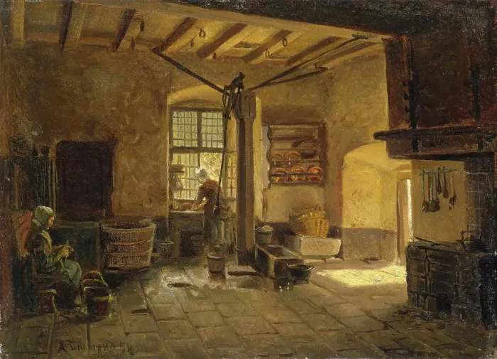 Framed Print : Kitchen Interior, 1854. Creator: Adolph Tidemand Framed Print : Kitchen Interior, 1854. Creator: Adolph Tidemand