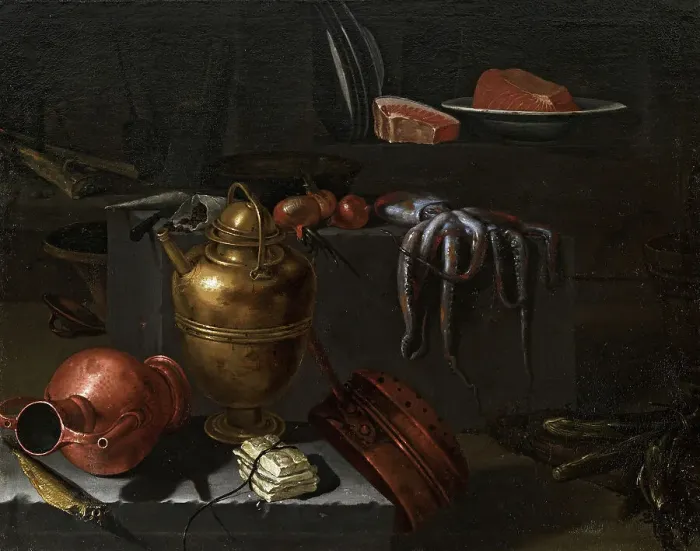Framed Print : Kitchen interior with copper dishes, octopus and onions on a stone ledge, 1670s. Creator: Recco, Giuseppe (1634-1695) Framed Print : Kitchen interior with copper dishes, octopus and onions on a stone ledge, 1670s. Creator: Recco, Giuseppe (1634-1695)