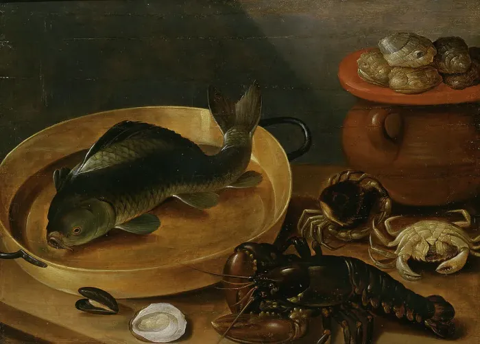 Framed Print : Kitchen Still Life with a Carp and Shellfish, unknown date. Creator: Unknown Framed Print : Kitchen Still Life with a Carp and Shellfish, unknown date. Creator: Unknown