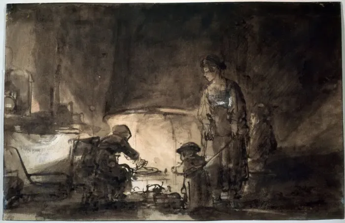 Framed Print : The Kitchen in Rembrandts House, 1650s. Artist: Rembrandt Harmensz van Rijn