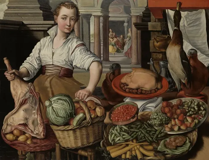 Framed Print : Kitchen Scene, with Jesus in the House of Martha and Mary in the background, 1569. Creator: Unknown Framed Print : Kitchen Scene, with Jesus in the House of Martha and Mary in the background, 1569. Creator: Unknown