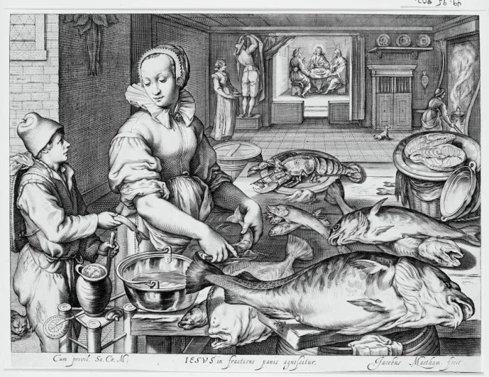 Framed Print : Kitchen Scene with Kitchen Maid Preparing Fish, Christ at Emmaus in the Background, fr... ca. 1603. Creator: Jacob Matham Framed Print : Kitchen Scene with Kitchen Maid Preparing Fish, Christ at Emmaus in the Background, fr... ca. 1603. Creator: Jacob Matham