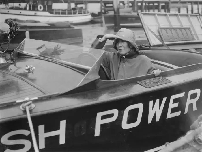 Framed Print : Kitty Brunell in a British Power Boat Company launch, Hythe, Hampshire, 1927. Artist: Bill Brunell Framed Print : Kitty Brunell in a British Power Boat Company launch, Hythe, Hampshire, 1927. Artist: Bill Brunell