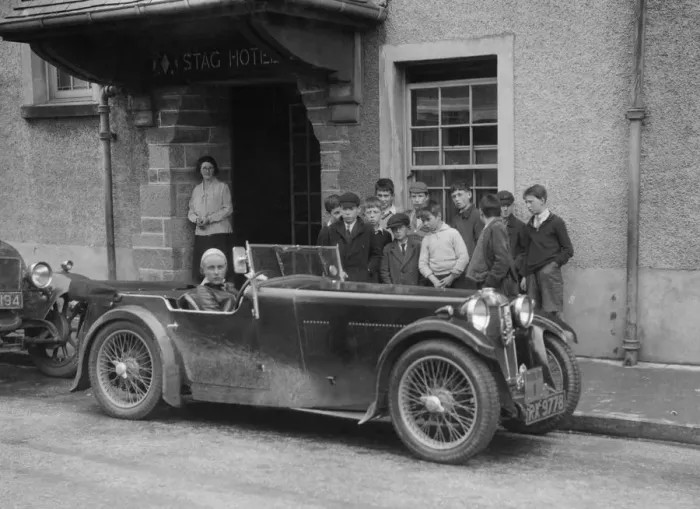 Framed Print : Kitty Brunell in her MG Magna outside the Stag Hotel, Edinburgh, RSAC Scottish Rally, 1932 Framed Print : Kitty Brunell in her MG Magna outside the Stag Hotel, Edinburgh, RSAC Scottish Rally, 1932