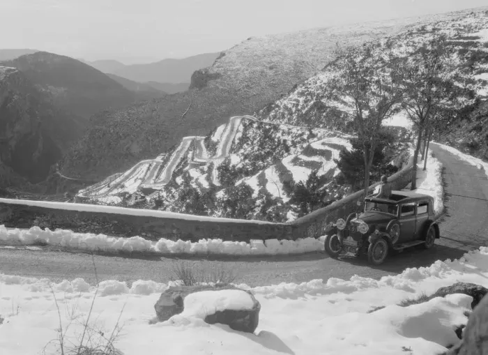 Framed Print : Kitty Brunells Talbot 14 / 45 saloon at the Monte Carlo Rally, 1930. Artist: Bill Brunell Framed Print : Kitty Brunells Talbot 14 / 45 saloon at the Monte Carlo Rally, 1930. Artist: Bill Brunell