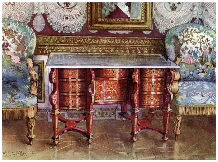 Framed Print : Kneehole writing table and gilt fauteuils, 1910. Artist: Edwin Foley Framed Print : Kneehole writing table and gilt fauteuils, 1910. Artist: Edwin Foley