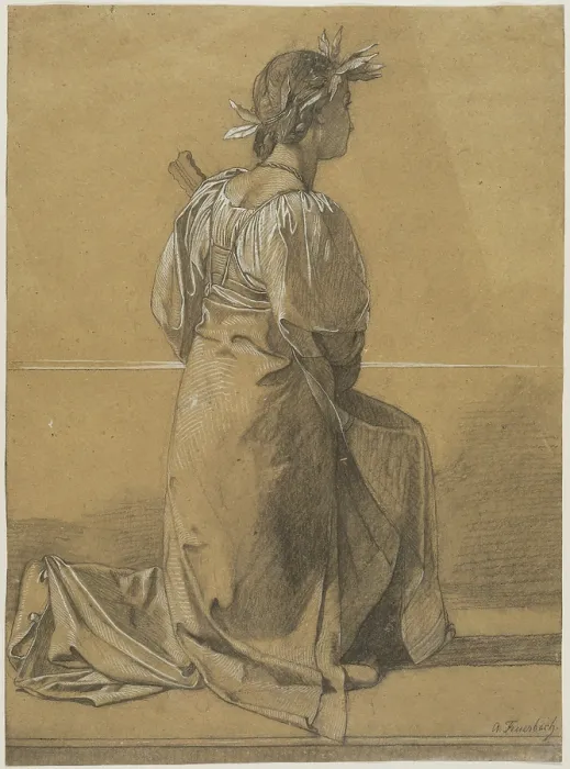 Framed Print : Kneeling Female Figure with Mandolin and Crowned with a Laurel Wreath, between 1857 and 1859. Creator: Anselm Friedrich Feuerbach Framed Print : Kneeling Female Figure with Mandolin and Crowned with a Laurel Wreath, between 1857 and 1859. Creator: Anselm Friedrich Feuerbach