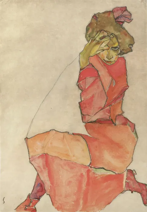 Framed Print : Kneeling Female in Orange-Red Dress, 1910. Artist: Schiele, Egon (1890?1918) Framed Print : Kneeling Female in Orange-Red Dress, 1910. Artist: Schiele, Egon (1890?1918)
