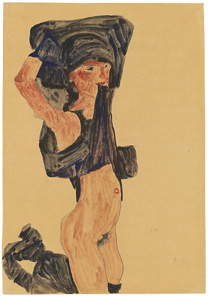 Kneeling Girl Pulling Her Skirt Over Her Head, 1910. Creator: Schiele, Egon (1890-1918)