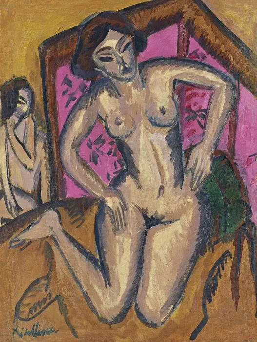 Framed Print : Kneeling Nude in front of Red Screen, ca 1911-1912. Artist: Kirchner, Ernst Ludwig (1880-1938) Framed Print : Kneeling Nude in front of Red Screen, ca 1911-1912. Artist: Kirchner, Ernst Ludwig (1880-1938)