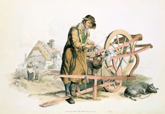 Framed Print : Knife grinder, 1808. Artist: William Henry Pyne Framed Print : Knife grinder, 1808. Artist: William Henry Pyne