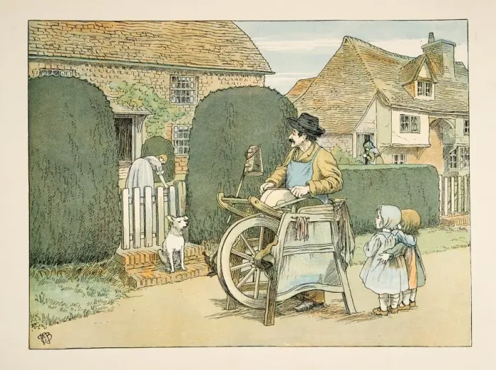 Framed Print : The Knife Grinder, from Four and Twenty Toilers, pub. 1900 (colour lithograph) Framed Print : The Knife Grinder, from Four and Twenty Toilers, pub. 1900 (colour lithograph)