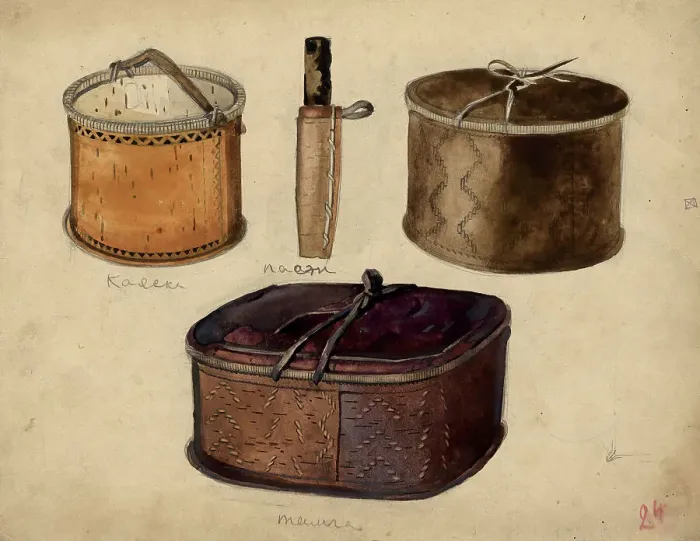 Framed Print : Knife pa, birch bark bucket kol and basket tamga, Selkups, 1920. Creator: A. G. Vargin. Knife pa, birch bark bucket kol and basket tamga, Selkups, 1920. Creator: A. G. Vargin Framed Print : Knife pa, birch bark bucket kol and basket tamga, Selkups, 1920. Creator: A. G. Vargin. Knife pa, birch bark bucket kol and basket tamga, Selkups, 1920. Creator: A. G. Vargin