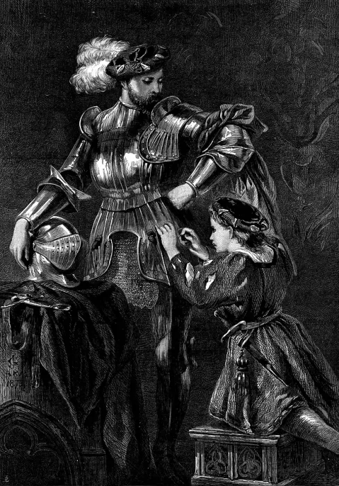 Framed Print : A Knight Arming, by Sir John Gilbert; Exhibition of the Society of Painters in Water Colours, 1873 Creator: Unknown Framed Print : A Knight Arming, by Sir John Gilbert; Exhibition of the Society of Painters in Water Colours, 1873 Creator: Unknown