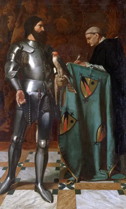 Framed Print : Knight dictating a letter to a Monk, 1865. Artist: Octave Penguilly L Haridon Framed Print : Knight dictating a letter to a Monk, 1865. Artist: Octave Penguilly L Haridon