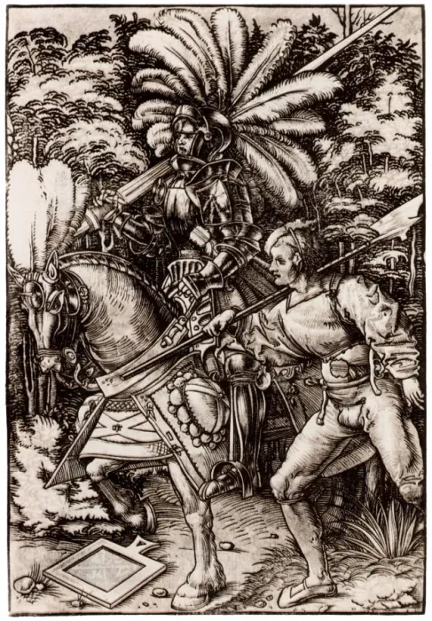 Framed Print : Knight and Halberdier. Artist: Wechtlin, Hans (Johannes) (active 1502-1526) Framed Print : Knight and Halberdier. Artist: Wechtlin, Hans (Johannes) (active 1502-1526)