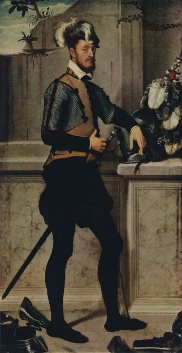 Framed Print : A Knight with his Jousting Helmet, 1554-1558, (1936). Artist: Giovanni Battista Moroni Framed Print : A Knight with his Jousting Helmet, 1554-1558, (1936). Artist: Giovanni Battista Moroni