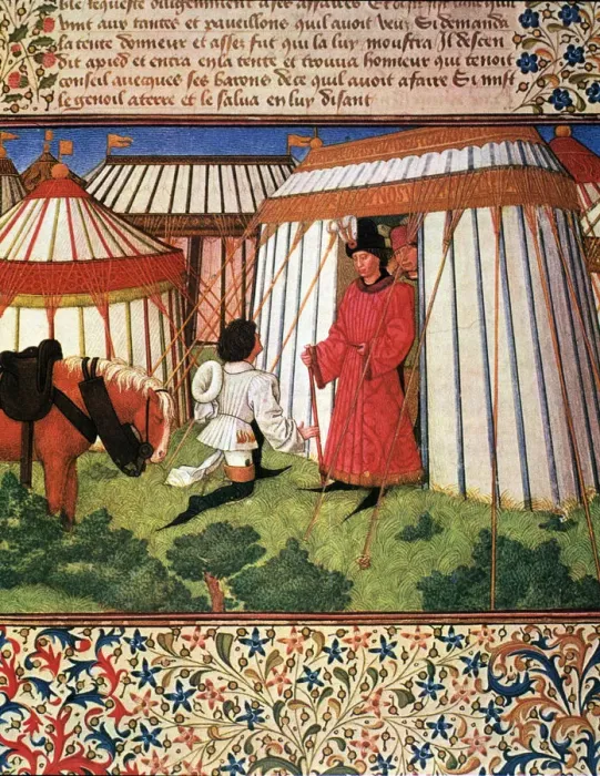 Framed Print : Knight kneeling before the tent of honor, Miniature in Roman de la Rose, illuminated Framed Print : Knight kneeling before the tent of honor, Miniature in Roman de la Rose, illuminated