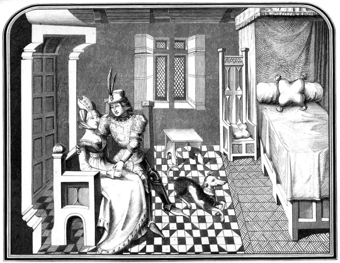 Framed Print : A knight and a lady, 15th century (1849). Artist: A Bisson Framed Print : A knight and a lady, 15th century (1849). Artist: A Bisson