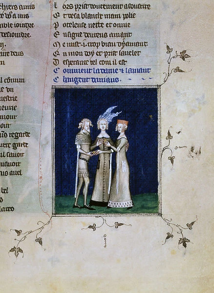 A knight and a lady exchanging rings, c1350