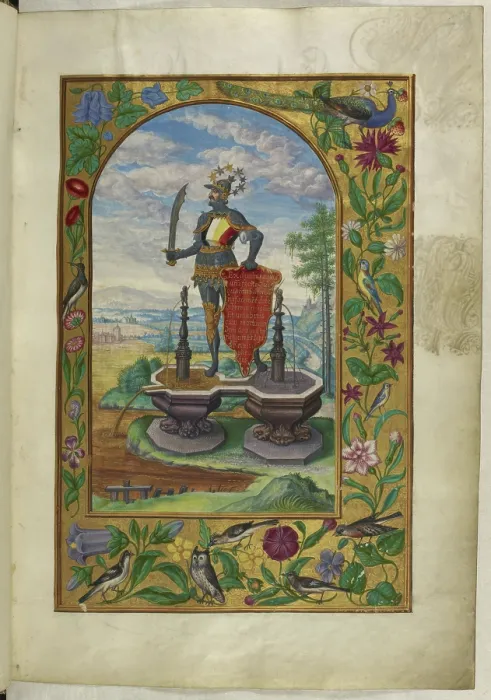 Framed Print : Knight standing on fountains, 1582. Creator: Unknown Framed Print : Knight standing on fountains, 1582. Creator: Unknown