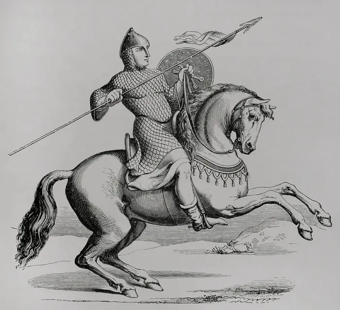 Framed Print : Knight wearing hauberk, Middle Ages, (1877). Creator: Unknown Framed Print : Knight wearing hauberk, Middle Ages, (1877). Creator: Unknown