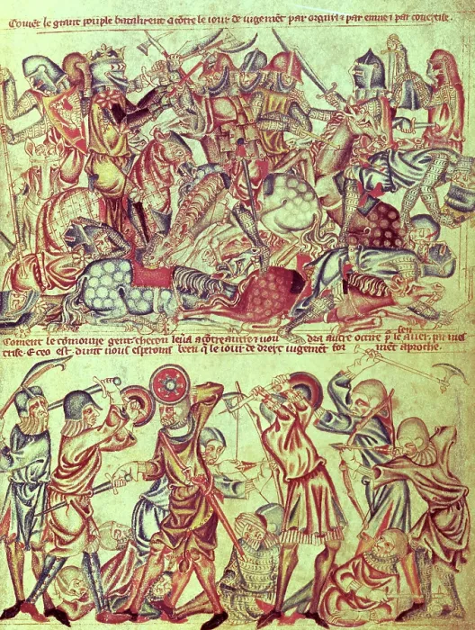 Framed Print : Knights and foot soldiers engaged in battle, c1320-1330. Creator: Unknown Framed Print : Knights and foot soldiers engaged in battle, c1320-1330. Creator: Unknown