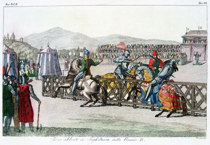 Framed Print : Knights jousting at a tournament, 12th century, (c1815) Framed Print : Knights jousting at a tournament, 12th century, (c1815)