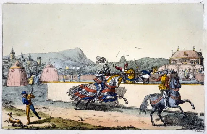 Framed Print : Knights jousting at a tournament, 19th century Framed Print : Knights jousting at a tournament, 19th century