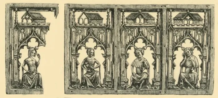 Framed Print : Knights and Ladies Seated under Canopies, pierced ivory panel, mid-late 14th century, (1881) Framed Print : Knights and Ladies Seated under Canopies, pierced ivory panel, mid-late 14th century, (1881)