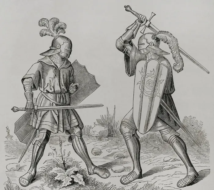 Framed Print : Knights wearing full armour, late 15th century (1877). Creator: Unknown Framed Print : Knights wearing full armour, late 15th century (1877). Creator: Unknown