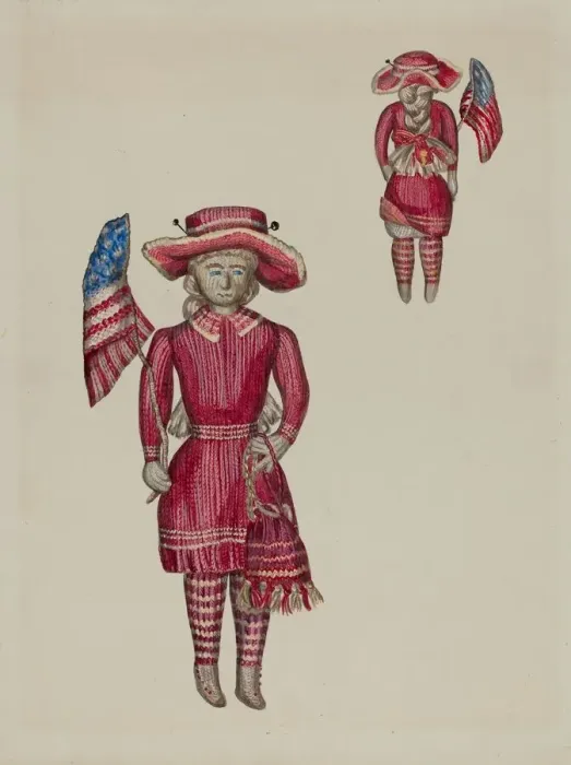 Framed Print : Knitted Doll with Flag, c. 1937. Creator: Verna Tallman Framed Print : Knitted Doll with Flag, c. 1937. Creator: Verna Tallman