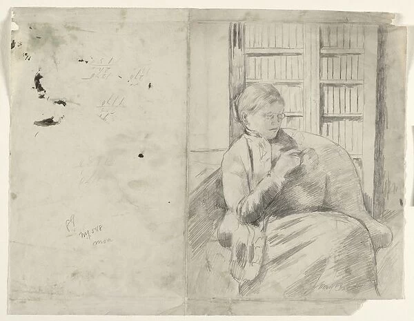 Knitting in the Library (recto), c. 1881. Creator: Mary Cassatt (American, 1844-1926)