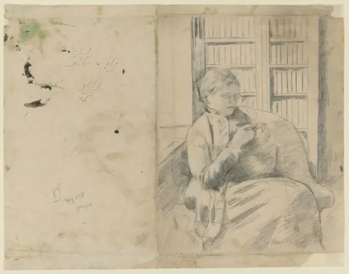 Framed Print : Knitting in the Library (recto); Knitting in the Library (verso), c. 1881. Creator Framed Print : Knitting in the Library (recto); Knitting in the Library (verso), c. 1881. Creator