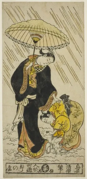 Framed Print : Knocking the snow from a pair of clogs, c. 1730s. Creator: Torii Kiyomasu Framed Print : Knocking the snow from a pair of clogs, c. 1730s. Creator: Torii Kiyomasu