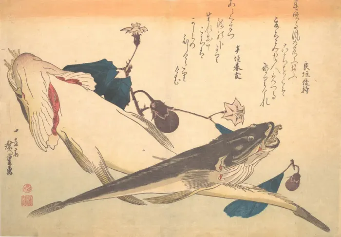 Framed Print : Kochi Fish with Eggplant, from the series Uozukushi (Every Variety of Fish), 1830s. 1830s. Creator: Ando Hiroshige Framed Print : Kochi Fish with Eggplant, from the series Uozukushi (Every Variety of Fish), 1830s. 1830s. Creator: Ando Hiroshige