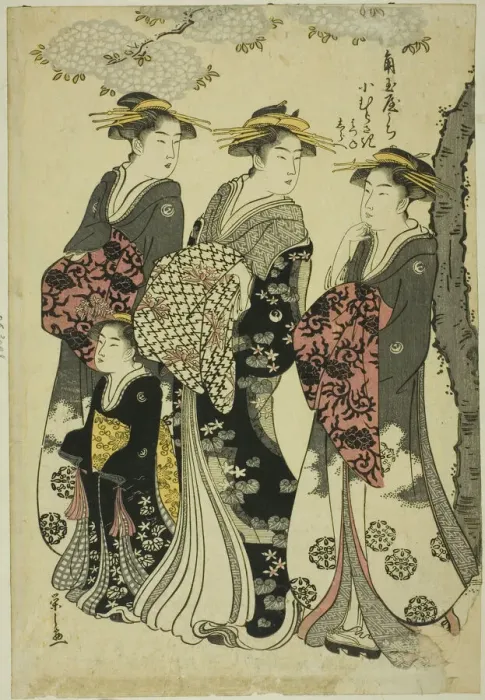 Framed Print : Komurasaki of the Kadotamaya with Attendants Hatsune and Shirabe, c. 1791. Creator: Hosoda Eishi Framed Print : Komurasaki of the Kadotamaya with Attendants Hatsune and Shirabe, c. 1791. Creator: Hosoda Eishi