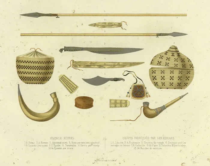 Framed Print : Koryak Artifacts. 1-2. Spears; 3-4. Scabbards; 5. Road Knife; 6. Woman's Knife; 7-8. Grass... 1856. Creator: Ivan Dem'ianovich Bulychev Framed Print : Koryak Artifacts. 1-2. Spears; 3-4. Scabbards; 5. Road Knife; 6. Woman's Knife; 7-8. Grass... 1856. Creator: Ivan Dem'ianovich Bulychev