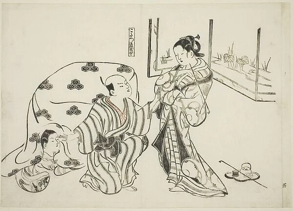 Kotatsu Dojoji, no. 5 from a series of 12 prints depicting parodies of plays, c. 1716  /  35